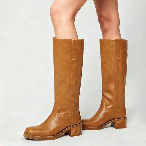 Women's Banana Knee High Boots Square Toe Chunky Block Heel Comfortable Low Heel Pull on Wide Calf Riding Long Boots for Women thumbnail 7