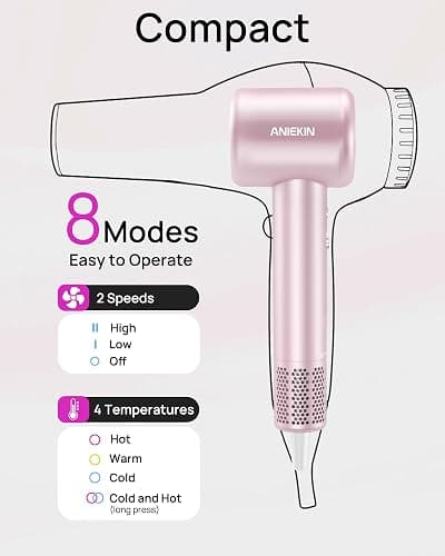 Hair Dryer, High-Speed Ionic Low Noise Blow Dryer with Brushless Motor for Fast Drying, Thermo-Control Quiet Compact Hair Blow Dryer with Magnetic Diffuser for Curly Hair for Home Travel Salon - Baby Pink thumbnail 6