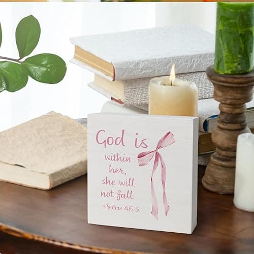 Coquette Dorm Decor, Pink Bow Christian Gifts for Women Faith, Inspirational Bible Verse Wooden Box Sign, Girly Wall Decor for Girls Room College Apartment Dorm Decoration thumbnail 6