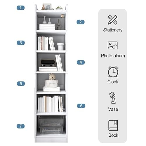 balurukt 70.9 Inch Tall Narrow Bookcase,6 Tier Bookshelves,Floor Standing Storage Cabinet,Corner Bookshelf with Storage,Shelves Display shelves for Living Room Bedroom Kitchen Office - White thumbnail 9