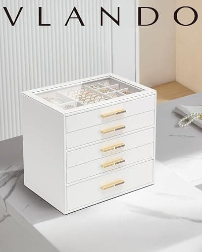 Vlando 5 Layer Jewelry Box for Women, Glass Lid Jewelry Organizer with 5 Drawers for Necklaces Rings Earrings Bracelets - White thumbnail 3