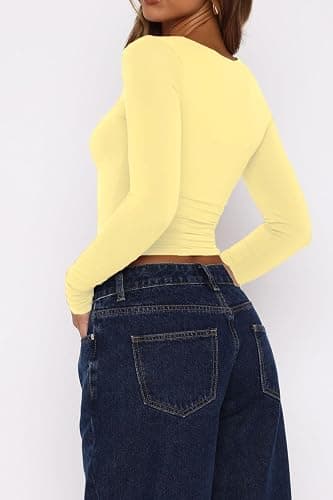 TiulZial Long Sleeve Shirt for Women - Square Neck Going Out Top Double Lined Tight T Shirts thumbnail 2