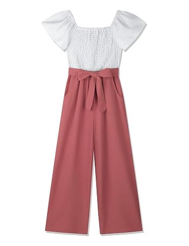 Gaupafmb Girls' Jumpsuits & Rompers Wide Leg Jumpsuit with Belt Elastic Square Neck Cap Sleeve Girls Romper Size 7-14 - Pink - 11-12Y - Image 1