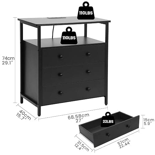 Edbuosy 3 Wooden Drawers Night Stand, 27 Inch Wide Nightstand with Charging Station and Adjustable Drawers, Small Dresser for Closet, Bedside Table for Living Room/Bedroom/Office thumbnail 3