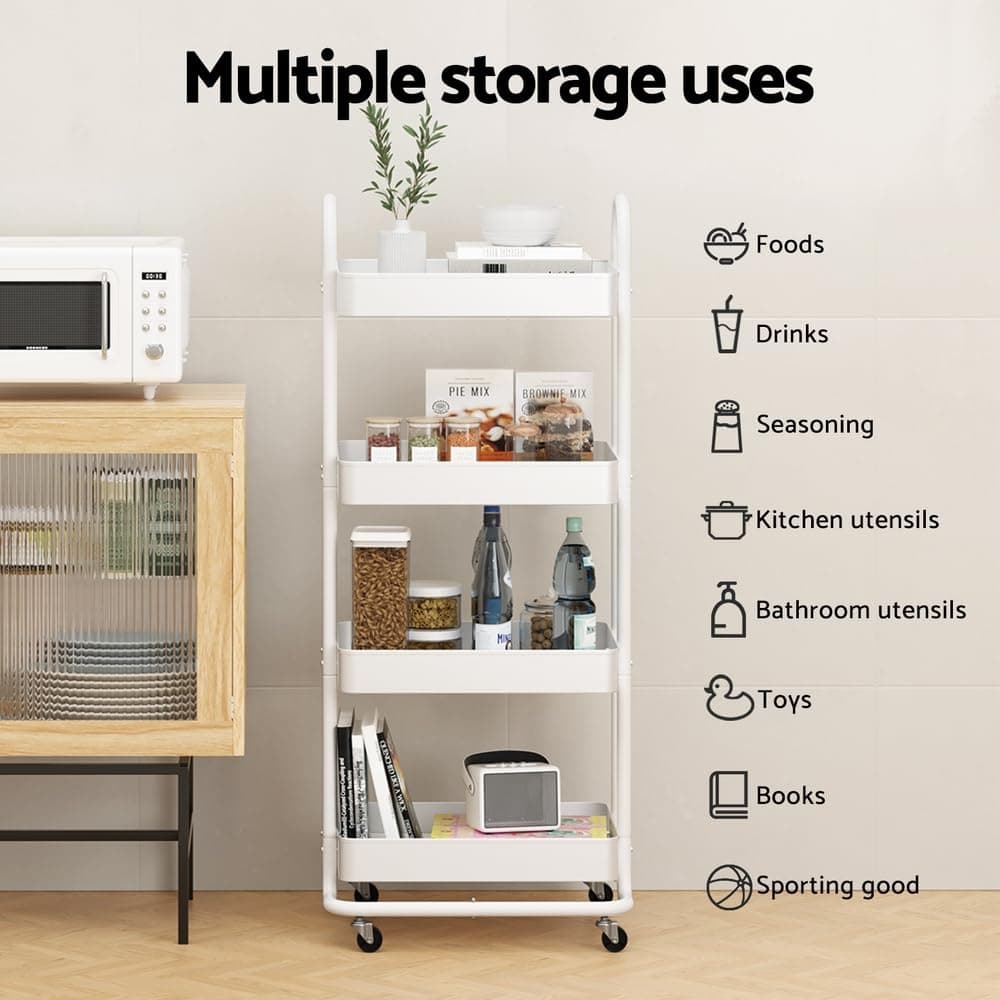 Artiss Storage Trolley Kitchen Cart 4 Tiers Rack Shelf Frame Organiser White thumbnail 4