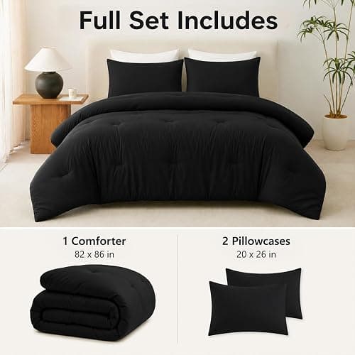 CozyLux Full Comforter Set, 3 Pieces Down Alternative Bedding, Black | 270 GSM All Season Comforter with 4 Corner Tabs for Use as a Duvet Insert, OEKO-TEX Certified, 2 Pillowcases, 82 x 86 in thumbnail 2