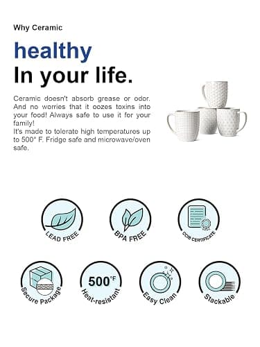 LE TAUCI Coffee Mugs 16 oz,Ceramic Mug Set, Embossment Cups for Latte, Hot Tea, Cappuccino, Mocha, Cocoa, Dishwasher Safe, Suit For Housewarming Wedding- 3.8 inch, Set of 4, Arctic White thumbnail 8