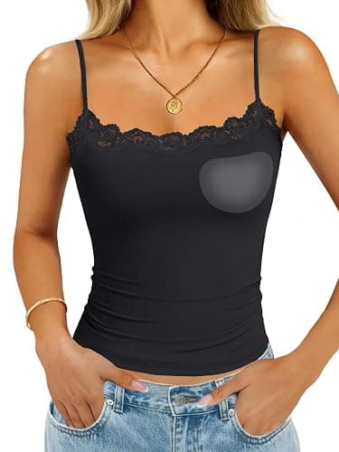 GKBK Built in Bra Womens Padded Lace Tank Tops Double Lined Spaghetti Strap Fitted Layering Club Night Party Cami Shirt - Image 1