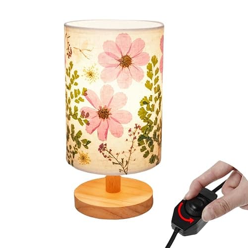 Floresita Dried Flowers Small Table Lamp 9W LED Dimmable Warm Light Pressed Flower Bedside Lamp Linen Shade with Wood Base for Bedroom Living Room Desk Nursery - Image 1