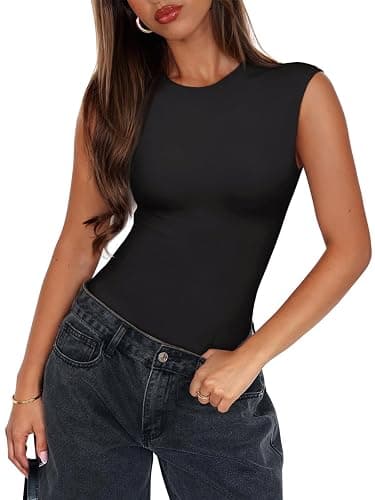 PINKMSTYLE Womens Crew Neck Sleeveless Bodysuit Double Lined Stretchy Fitted Basic Thong Body suit Tank Tops thumbnail 2