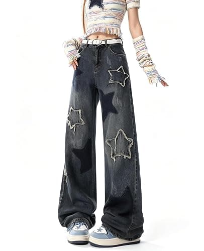 Lafaguw Star Jeans for Women Girls High Waisted Cute Patchwork Y2K Pants | Girls Baggy Jeans,Women Preppy Y2K Pants,Loose Straight Leg,Frayed Star Patchwork,Retro Washed thumbnail 2