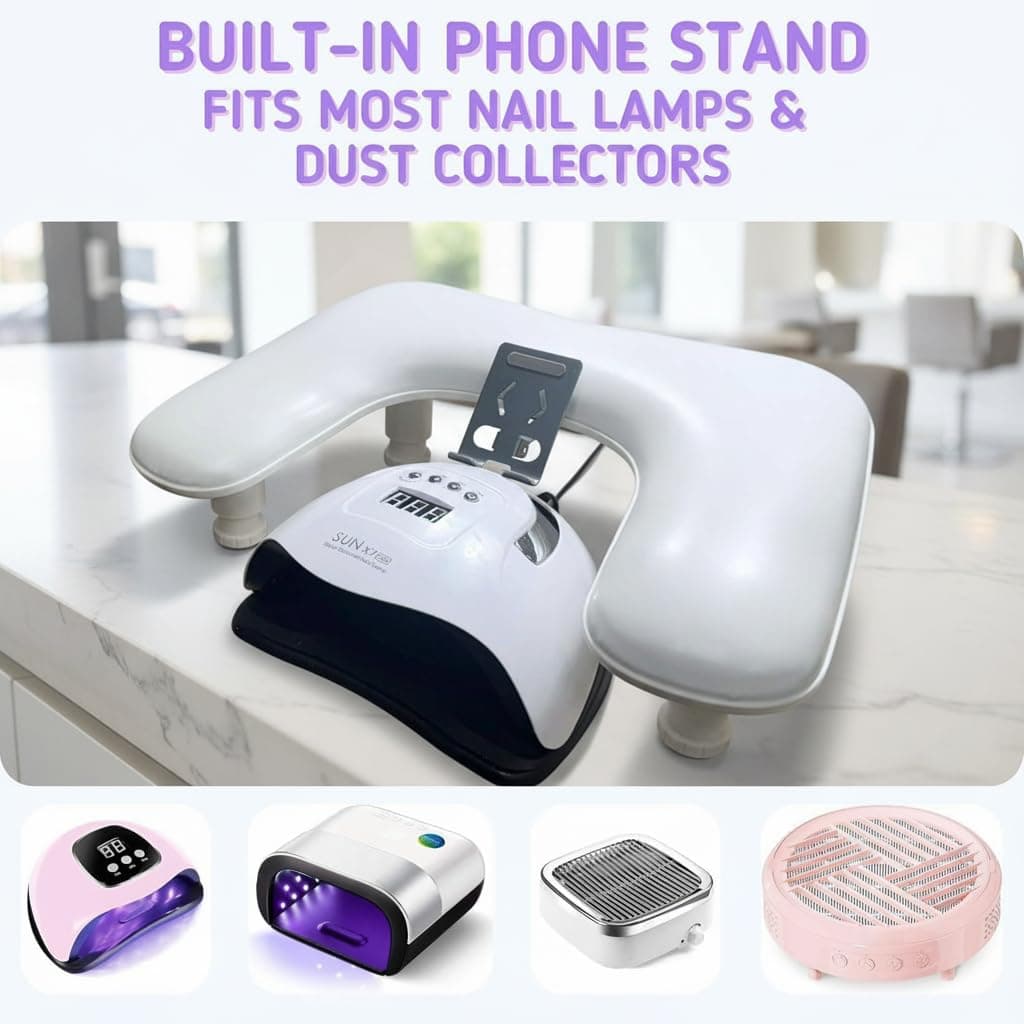 Manicure Arm Rest for Nail Techs: U Shaped Manicure Arm Rest with 360° Rotating Phone Holder - Big Arm Rest for Nail Techs - Detachable Manicure Hand Pillow for Salon or Home Use (White) thumbnail 4