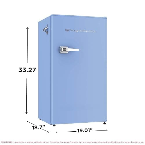 Frigidaire Retro Compact Fridge with Chiller, 3.2 cu ft Countertop Fridge with Built-In Bottle Opener, Compact Refrigerator for Office, Bedroom, Dorm Room or Cabin - 16.5" D x 19" W x 31" H (Blue) thumbnail 3