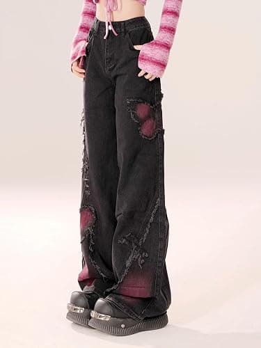 Y2K Baggy Ripped Jeans for Women – Wide Leg Butterfly Print & Star Patch Distressed Denim Pants High Waist Streetwear thumbnail 4