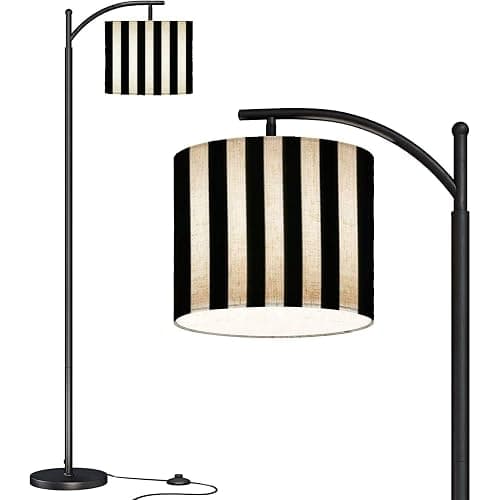 LOPYEIJFG Modern Arc Floor Lamp with Dimmer Mid Century Striped Black White Metal Standing Lamp with Linen Shade Footswitch for Living Room Bedroom Office - Image 1