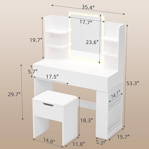 YESHOMY 35.4 Inch Vanity Desk Set with LED Mirror and Lights, Modern White | Makeup Vanity Set with 2 Drawers, Side Shelves, Storage Bench, Open Shelves and 3 Color Lighting Modes thumbnail 2