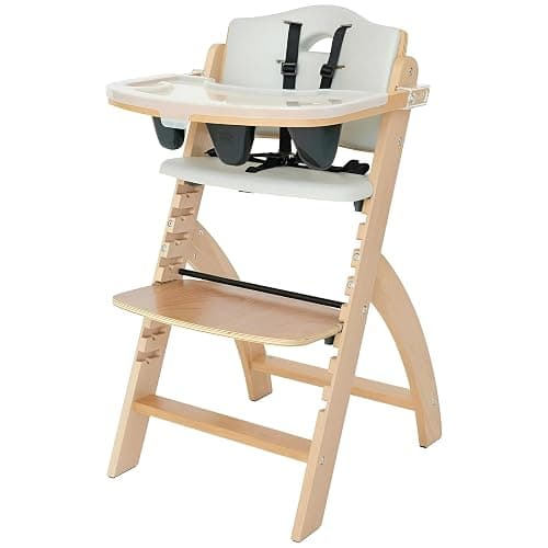Abiie Beyond Junior Wooden High Chair with Tray - Adjustable and Convertible High Chair for Babies and Toddlers - 6 Months to 250 Lb - Water Resistant - Natural Wood/Dove Grey Cushion - Image 1