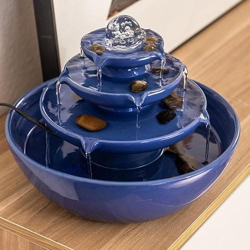 Indoor Tabletop Ceramic Fountain Water Feature Home Kitchen Office Decoration Modern Design Style (Blue) thumbnail 3