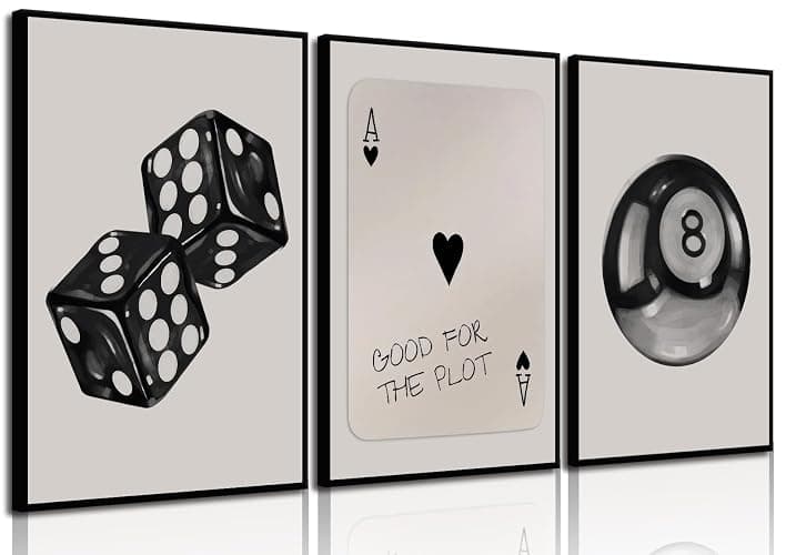 3Pcs Black and White Poker Dice Wall Art Funky Retro Y2K Trendy Preppy Pictures Lucky 8 Ball Poster Canvas Prints Artwork Painting for Game Room Apartment Dorm Aesthetic Decor 12x16in Unframed - Image 1