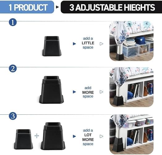 Home It Adjustable Bed Risers - Elevation in 3, 5 or 8 Inch - Heavy Duty Stackable Furniture Risers Supports 1,300 lbs - for Under-Bed Storage, College Dorms, Table and Couch, 4 Pack Bed Lifts Black thumbnail 3
