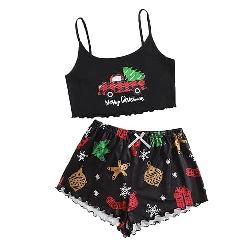 LOTUSTAR Christmas Pjs for Women Crop Tops Pj Set with Shorts Round Neck Camisole Cute Pajama Sets Halter - Image 1