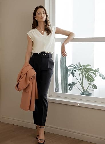 EVALESS Womens Pleated Tank Tops V Neck Casual Sleeveless Blouses Summer Basic Vest Shirt thumbnail 3