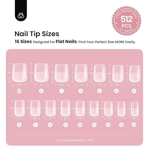 Beetles Tipex Instant Apex Nail Tips, Squoval XS Short Acrylic Nail Tips, Pre-Etched Pre-Building Strong Thick Long Lasting,16 Sizes,512 Pieces thumbnail 3