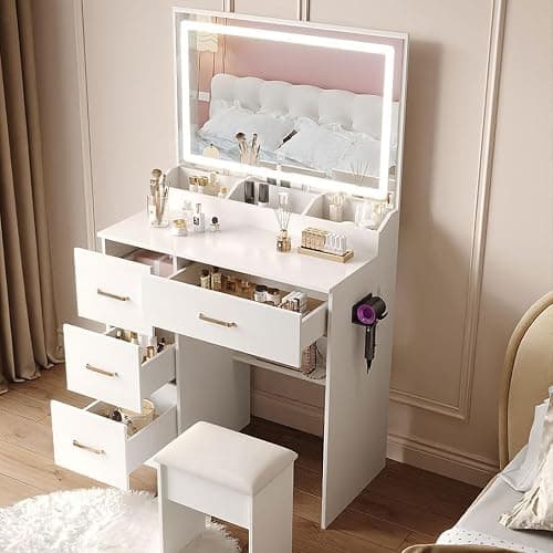 Dressing Table with Mirror and Stool: Vanity Desk with Mirror and Drawers - Makeup Desk with 4 Drawers, Wooden White Bedroom Dressing Table with LED Lights, Brightness Adjustable, 3 Open Storage Areas thumbnail 5