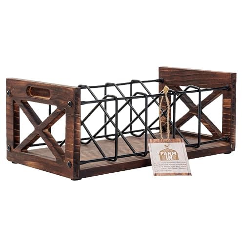 FARM IN CD Storage Holder, 5-Slot Farmhouse Industrial CD & DVD Storage Rack with Handles, Barn Door “X-Cross” Design, Rustic Solid Burnt Wood and Black Metal Wire thumbnail 6