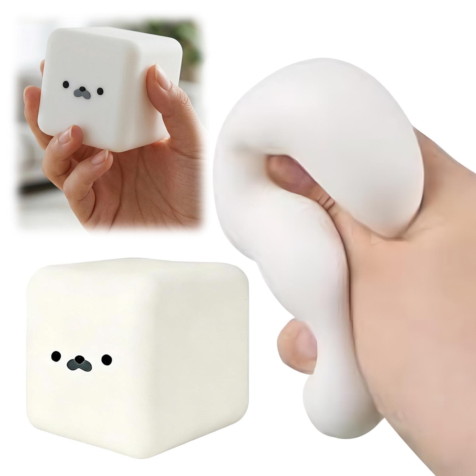 Tofu Seal Squishys, White Cube Stress Toy, Soft Squeeze Decompression Stress Toy, Cute Expression Tofu Cube Squishys, Stretchy Desk Toys for Adults Anxiety Relief Party Favors - Image 1