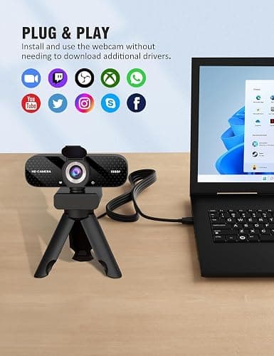 Catitru Full HD 1080P Webcam with Built-in Mic Wide Angle & Auto Focus Privacy Cover for PC/Laptop Plug & Play USB Camera Black thumbnail 5