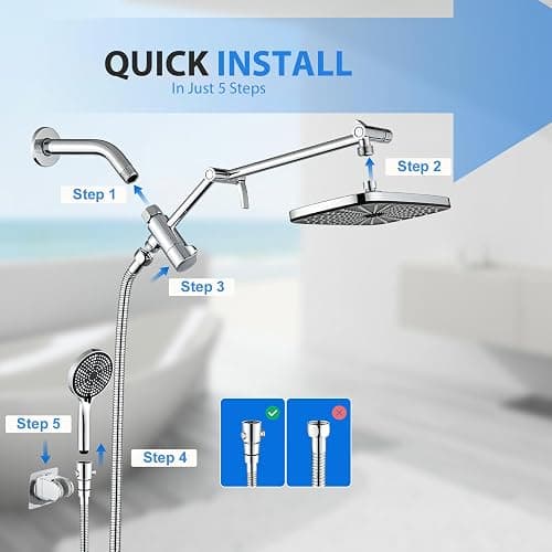High Pressure Rain Shower Head with Handheld,Wide Rainfall Shower Head Combo with 15" Metal Extension Arm,Detachable Shower head,Rainfall Shower Head with Multi Modes Handheld Spray,Chrome thumbnail 8