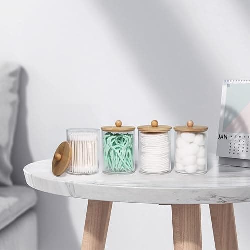 Tbestmax 4 Pack Qtip Holder, 10-Ounce Bathroom Organizer Accessories Storage Containers Clear Plastic Apothecary Jars with Bamboo Lids for Cotton Ball, Cotton Swab, Floss thumbnail 5