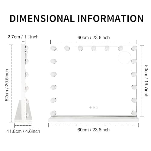 Hibtn Hollywood Vanity Mirror With Lights,50×60cm Lighted Makeup Mirror with 17 Dimmable Led Bulbs,Touchscreen Control,Tabletop,Wall Mounted,10X Magnifying White thumbnail 2