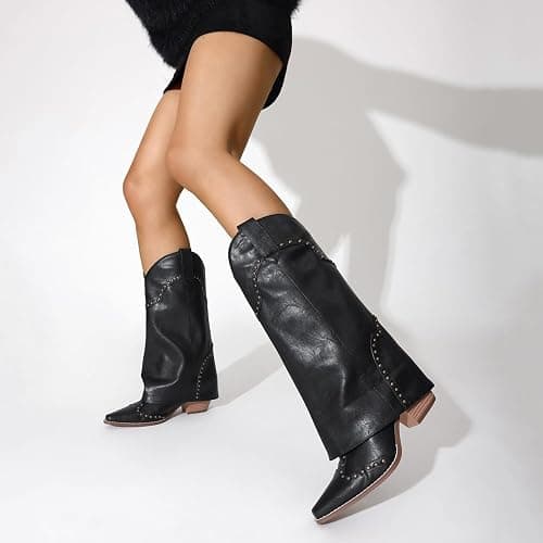 RONILURN Women Shark Boots Fold Over Mid Calf Chunky Heel Snip Toe Cowboy Cowgirl Pull On Studded Boots for Women thumbnail 2