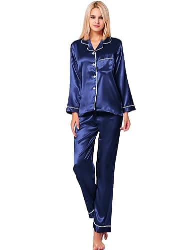 SWOMOG Womens Silk Satin Pajamas Set Long Sleeve Button Down Sleepwear 2 Piece Lounge Set Pj Set XS-3XL thumbnail 3