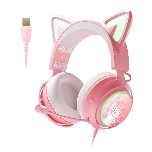 EASARS Pink Gaming Headset GS510, Wired, Over Ear, Cat Ear Design with RGB Lighting, 7.1 Surround Sound, Retractable Mic, Compatible with PC, PS4, PS5 - Image 1