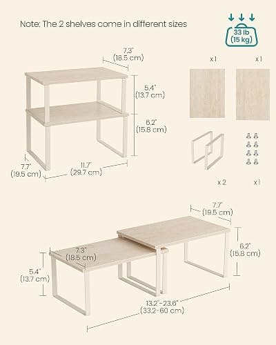 SONGMICS Spice Rack, Set of 2 Cupboard Shelf Organisers, Expandable Kitchen Shelf Organiser, Stackable Spice Holder, Metal and Engineered Wood, Travertine Beige and Cream White KCS020L01 thumbnail 3