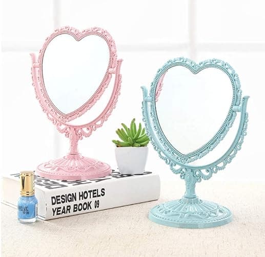 AKOAK Heart-Shaped Cosmetic Mirror - Plastic, Double-Sided, Rotatable, Lightweight - Bathroom & Bedroom Mirror (Blue) thumbnail 4