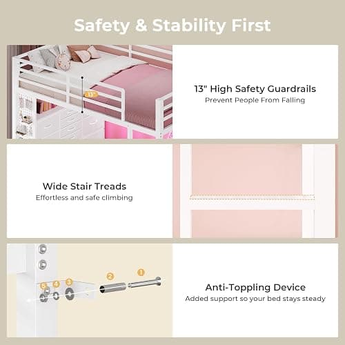 ADORNEVE Twin Loft Bed with Desk,14 Storage Drawers & Power Outlet, Kids Loft Bed Twin Size with LED Lights, Pegboard, Metal Loft Beds with Safety Guardrail & Ladder, Space Saving for Teens, White thumbnail 5