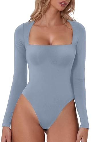 QINSEN Women's Sexy Square Neck Bodysuit Long Sleeve Double Lined Shirt Tops - Image 1