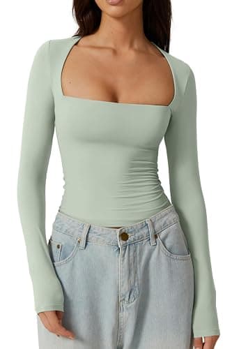 QINSEN Women's Sexy Square Neck Shirt Long Sleeve Double Lined Tees Fitted Going Out Tops thumbnail 2