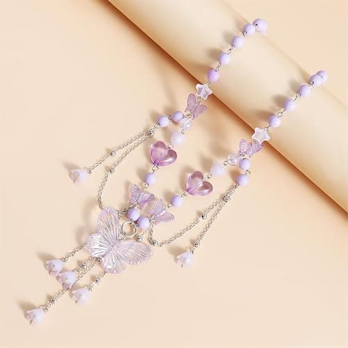 Layered Pearl Butterfly Choker Necklaces for Women,Vintage Crystal Beaded Pendant Necklace Y2K Bow Heart Tassel Chain Necklace Jewelry thumbnail 3