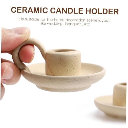 DOITOOL 2 Pcs Ceramic Candle Holder, Taper Candle Holder with Handle, Nordic Style Vintage Candlestick Holder for Halloween Christmas Home Decoration Desktop Ornament (Beige) thumbnail 4