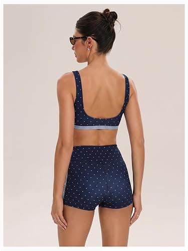 Milumia Women's Polka Dots Workout Set Layered Yoga Outfit with Shorts | Color Block,Two Piece,Bra Tank and Biker Shorts,Built In Bra,Activewear,Matching Set thumbnail 2