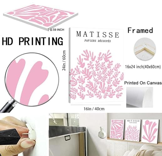 Pink Matisse Abstract Floral Wall Art Framed 16x24 inch Set of 3 Light Pink Flower Market Canvas Poster Prints Aesthetic Pictures Large Modern Danish Pastel Women Wall Decor for Living Room Bedroom thumbnail 3