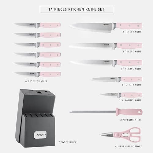 hecef Kitchen Knife Block Set, 14 Pieces Knife Set with Wooden Block & Sharpener Steel & All-purpose Scissors, High Carbon Stainless Steel Cutlery Set (Pink) thumbnail 3