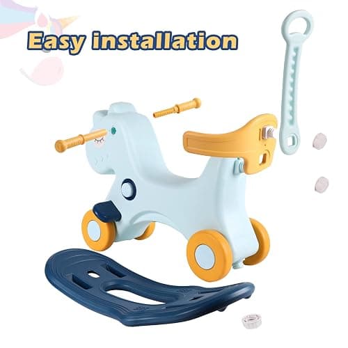 LLparty 4 in 1 Rocking Horse for Toddlers 1-3 Years Old, Baby Rocking Toy Fun Birthday Gift for 1+ Boys, Ride on Toy with Detachable Balance Board and Footrest, Balance Bike with Push Handle, Blue thumbnail 6