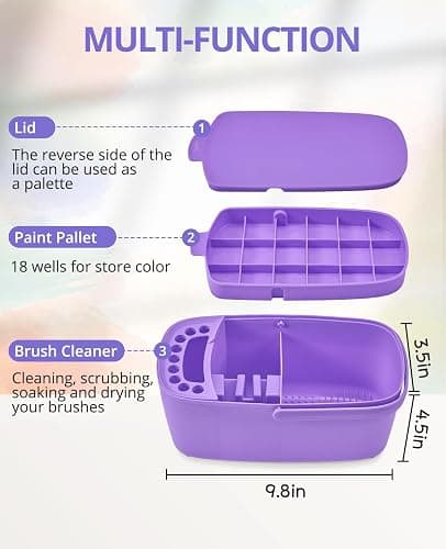 GAMENOTE Paint Brush Cleaner, Paint Brush Holder and Palette, Purple | All-in-one painting station washes and rests brushes, mixes colors, and stores paint in 18 wells with a portable handle. thumbnail 3
