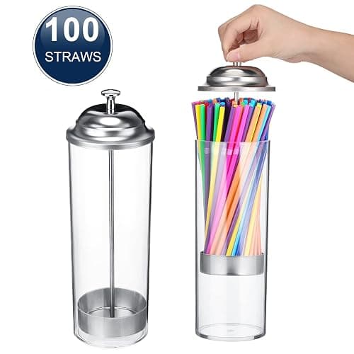 Patelai 10.6 Inch Clear Plastic Straw Dispenser and 100 Pcs Drinking Straw Organizer Container with Stainless Steel Lid Transparent Drinking Holder(Classic,Neon) thumbnail 5